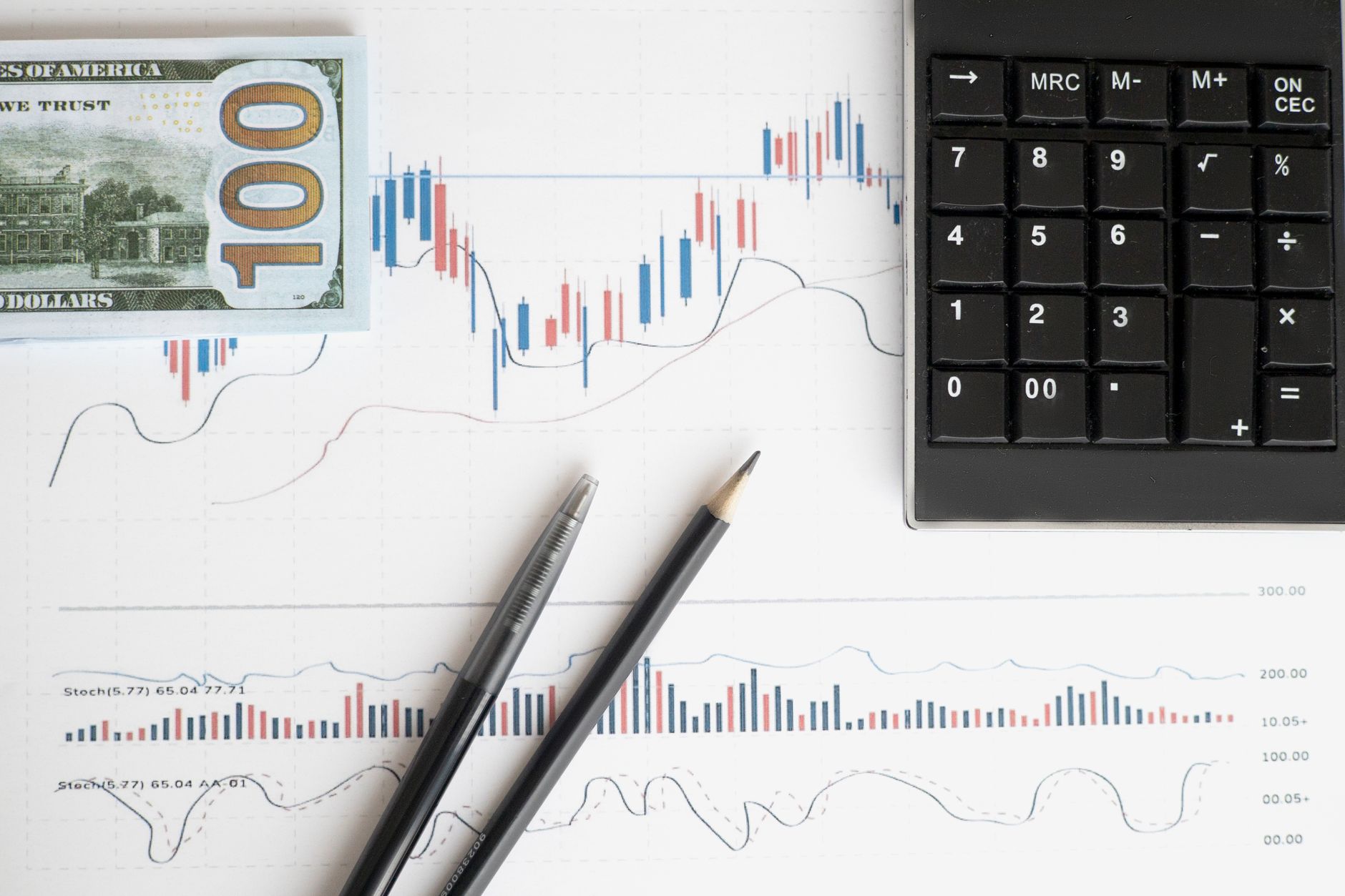 Grafikler, hesap makinesi ve banknotlarla dolu bir finansal analiz masası